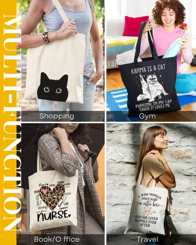 Vista 7 de AUSVKAI Bolsa de lona estética para mujer, lindas bolsas de algodón reutilizables de tela para ir de compras, playa, regalos de moda