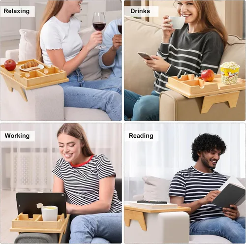 Vista 6 de Bestjing Bandeja de bambú para portavasos de sofá – 2 en 1 con soporte doble desmontable Be Slide-Away – Sofá sillón Caddy para beber aperitivos