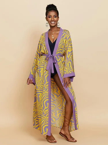 Vista 4 de RanRui Kimono de playa con estampado de cebra amarilla, holgado, frente abierto, bata de algodón, bata de traje de baño para mujer, bata de plumero