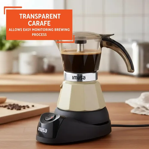 Vista 4 de IMUSA Cafetera eléctrica de almendras de 3 o 2 tazas, cafetera moka compacta con función de mantener el calor, base desmontable, cafetera de leche