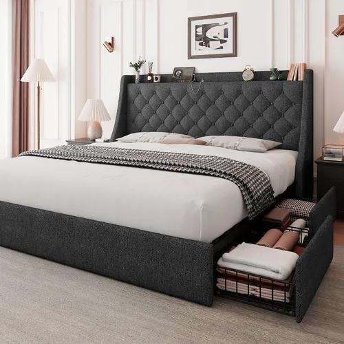 Vista 8 de Feonase - Base de cama tapizada tamaño matrimonial, 4 cajones para almacenar, puerto tipo C y USB, estación de carga, cabecera con respaldo capitoné