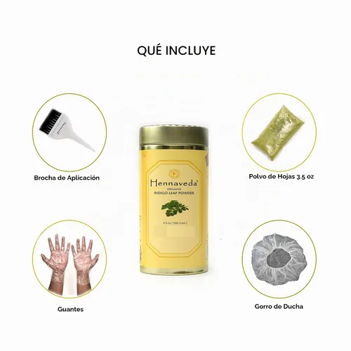 Vista 3 de Hennaveda Polvo índigo para cabello 3.53 oz x 2 con cepillo de tinte para el cabello, guantes y gorro de ducha