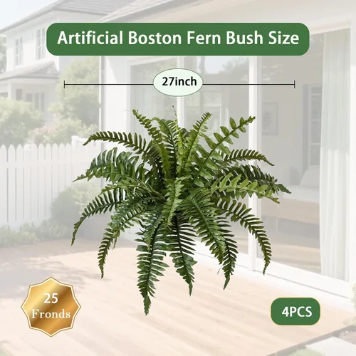 Vista 2 de Helechos artificiales colgantes de 27 pulgadas, helechos falsos de Boston grandes, 25 ramas, planta verde seda artificial para decoración al aire