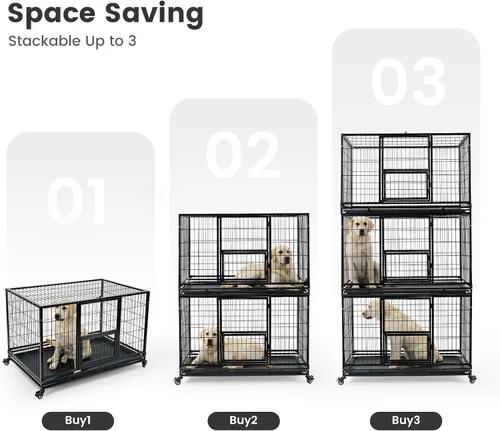 Vista 7 de Gardner Pet Jaula para perros resistente de 43 pulgadas con ruedas, jaula de metal plegable para perros pequeños y grandes, jaula indestructible