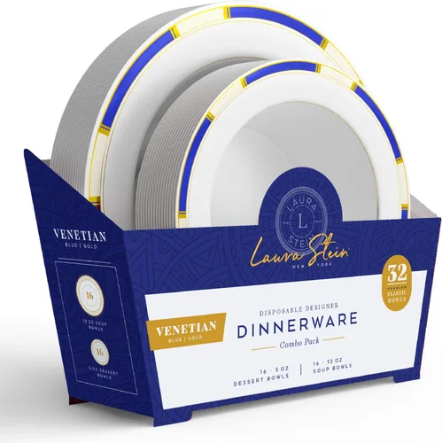Vista 3 de Laura Stein Juego de vajilla de diseñador 32 cuencos de plástico desechables para fiestas, cuenco blanco con borde azul y detalles dorados