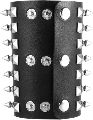 Vista 3 de HZMAN Pulsera de cuero con correa ancha unisex con tachuelas de metal negro