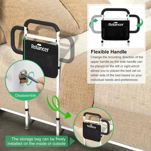Vista 4 de RELIANCER Barandilla de seguridad para cama para adultos mayores con pata de apoyo, barra de apoyo de asistencia de doble asa para personas mayores