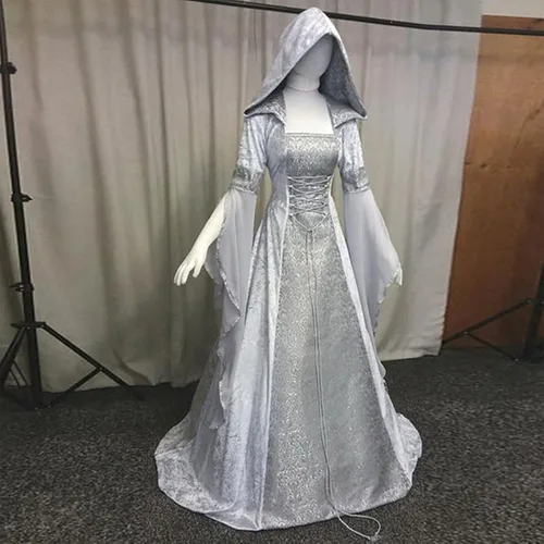 Vista 2 de YSLMNOR Disfraz medieval para mujer, corsé de Halloween, vestido gótico renacentista, talla grande, vestido de fiesta de manga acampanada, ropa