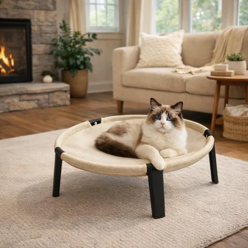 Vista 2 de Hamaca elevada para gatos, tumbona extraíble de malla lavable para Crema