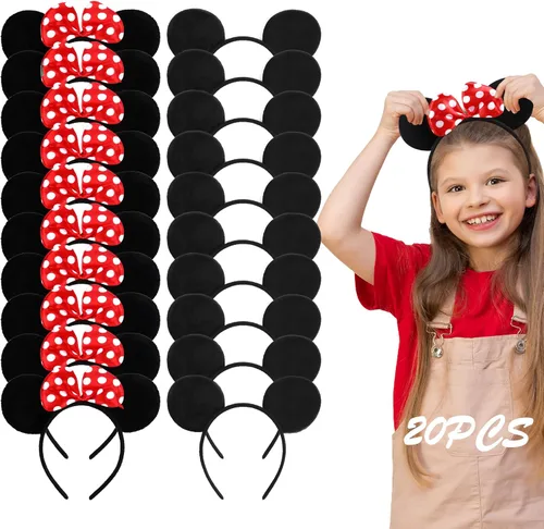 Vista 6 de Lucky Will Diadema de orejas de dibujos animados, diadema negra clásica con lazo rojo, bonito accesorio para el cabello para mujeres y niñas, fiesta