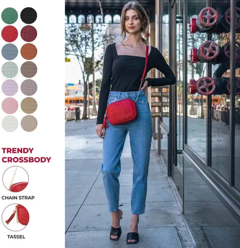 Vista 5 de EVVE Bolsos cruzados acolchados para mujer, elegante bolsa de cámara con borlas, bolso de hombro ligero de tamaño mediano