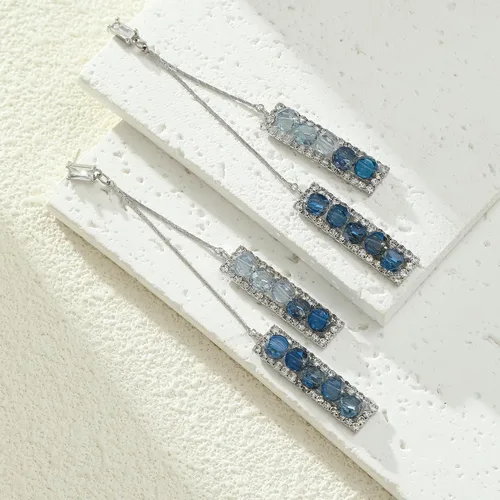 Vista 7 de Pendientes personalizados con colgante geométrico de diamantes de imitación azules para mujer, Zinc, No es una piedra preciosa