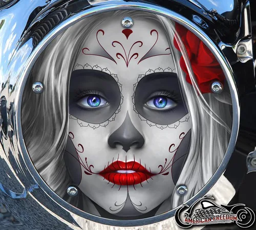 Vista 5 de Custom Aluminum 5 Hole Twin Cam Derby Clutch Cover for Harley Davidson - Sugar Skull Red (Glossy Finish, 1999-2018 Dyna Models)