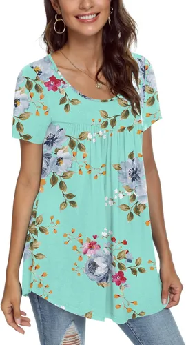 Vista 2 de CATHY Blusa plisada de manga corta de verano para mujer, estilo retazos, holgada, para leggings