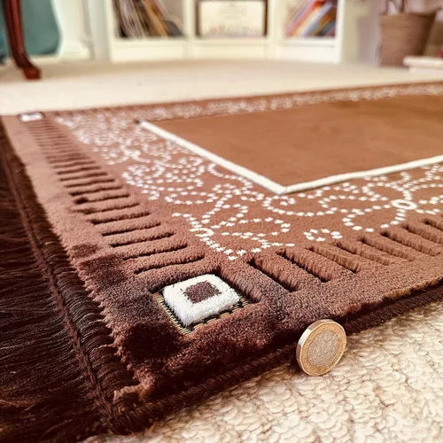 Vista 4 de Mihrab - Tapete de oración de terciopelo de lujo con estampado, 26.46 oz, peso Fabricado en Turquía (café)