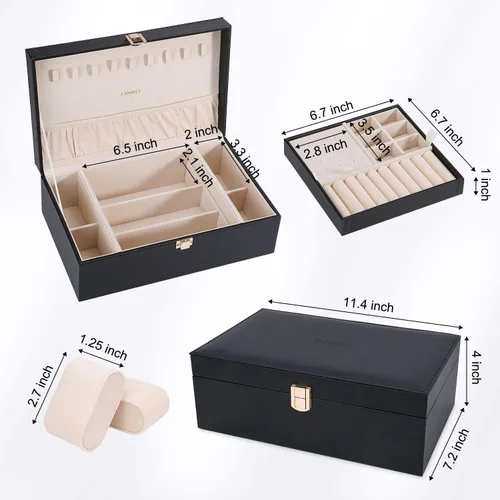 Vista 6 de LANDICI Joyero organizador para mujeres y niñas estuche grande de 2 capas para hombres con bandeja extraíble soporte de almacenamiento de joyas
