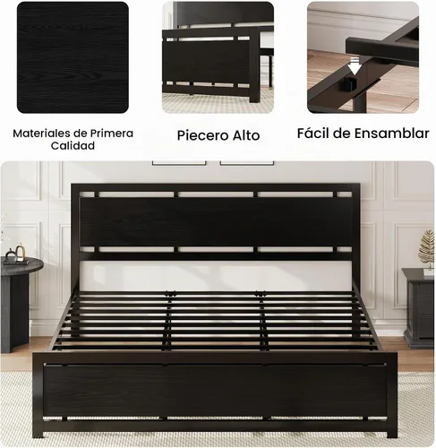 Vista 4 de LIKIMIO Base de cama tamaño King con cabecero y estribo Negro