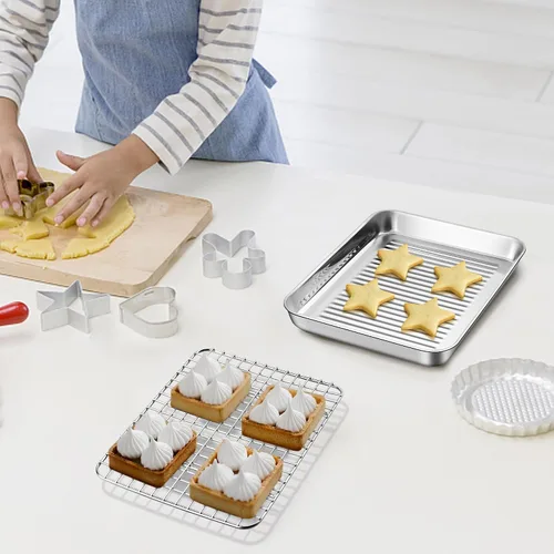 Vista 6 de TeamFar Molde para horno tostador con rejilla de enfriamiento, mini bandeja de acero inoxidable para horno tostador compacto, 9 pulgadas, fondo