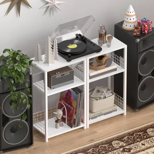 Vista 5 de LELELINKY - Mesa auxiliar blanca con almacenamiento, pequeña mesa de esquina con soporte para impresora para espacios pequeños, soporte para Modern