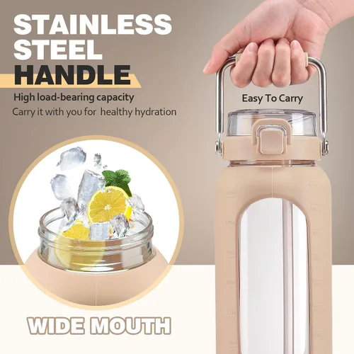 Vista 7 de BLUEGO Botella de agua de vidrio de 64 onzas con mango de acero inoxidable, botella de agua grande con marcadores de tiempo y funda de silicona Ámbar