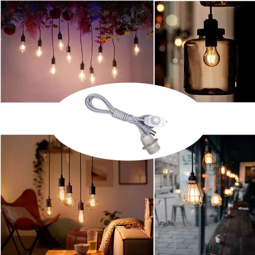 Vista 2 de Cable de luz colgante enchufable con interruptor de atenuación, kit de cable de lámpara colgante de 15 pies con luz E26/E27Socket Swag con ganchos
