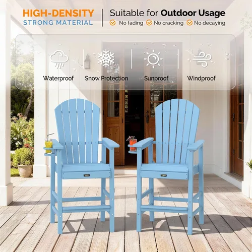 Vista 7 de VINGLI Silla Adirondack alta, silla Adirondack de plástico para todo tipo de clima con portavasos, taburetes de bar resistentes para exteriores Azul