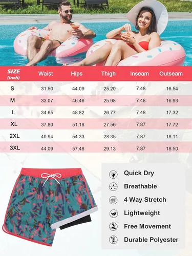 Vista 8 de SILKWORLD Mens Swim Trunks Quick Dry 7" Retro Bathing Suits Swim Shorts 80s 90s Swimsuit with 4 Pockets and Compression Liner