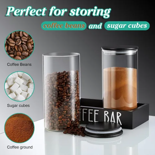 Vista 2 de Recipiente de Vidrio para Café Molido - Juego de 2 Piezas de 45oz de Recipientes para Café y Azúcar con Tapas Herméticas de Bambú y Bandeja Negra
