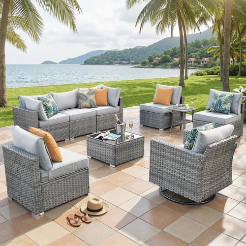 Vista 15 de ovios Juego de muebles de patio al aire libre de 5 piezas con mesa de café, conjunto seccional de muebles de patio con sofá de mimbre para todo tipo