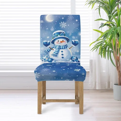 Vista 5 de HUGS IDEA Juego de 2 fundas para sillas de comedor con diseño de muñeco de nieve azul para silla Parsons, de elastano, lavables, antipolvo