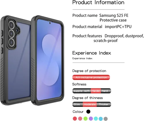 Vista 6 de DINGXIN Funda impermeable para Samsung Galaxy S25 FE a prueba de golpes a prueba de polvo resistente cubierta completa Protector de pantalla Negro