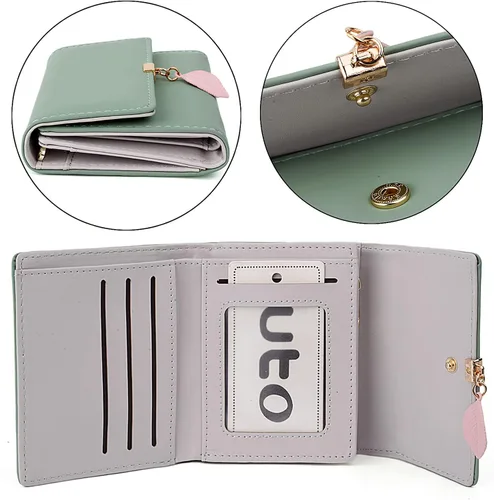 Vista 50 de UTO - Cartera pequeña RFID de piel sintética con dije de hoja, cierre de cremallera y tarjetero.