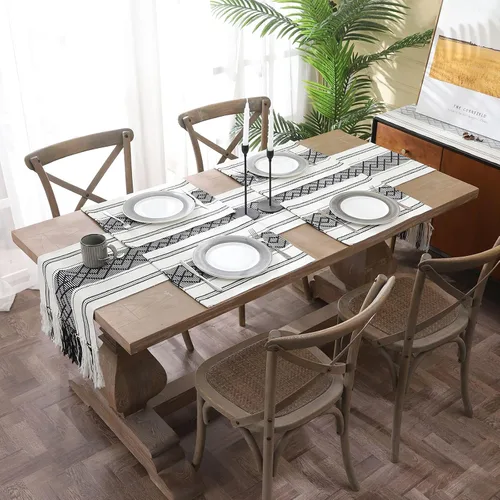 Vista 6 de Caminos de mesa tejidos estilo granja, caminos de mesa bohemios de 72 pulgadas de largo con borlas, elegantes caminos de mesa lavables para comedor