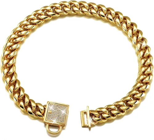 Vista 7 de Collar para perro de lujo de acero inoxidable personalizado, 14 mm, oro de 18 quilates, collar de entrenamiento de lujo para perro, Dorado