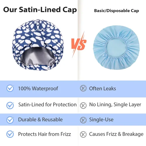 Vista 6 de Gorro de ducha de lujo para mujeres, reutilizable, impermeable, gorro de ducha de doble capa con correa elástica ajustable, gorro de baño grande
