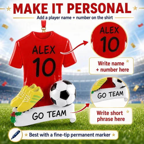 Vista 6 de Adornos de Navidad de fútbol personalizados – Adorno de fútbol 2025 – Adornos para fanáticos de los deportes – Regalos de atletismo rojo – Adorno