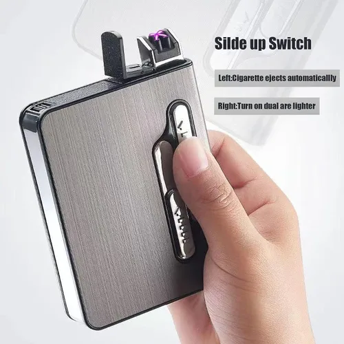 Vista 2 de Caja de cigarrillos con encendedor, 10 cajas de cigarrillos de tamaño regular, soporte de expulsión automática integrado con encendedor de doble