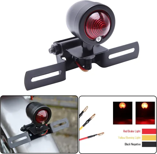 Vista 2 de DREAMIZER Luz trasera de motocicleta negra de 12 V, lámpara de parada de freno con soporte para placa de matrícula compatible con Bobber Chopper