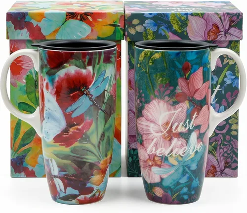 Vista 11 de DUSVALLY Juego de 2 tazas de viaje de cerámica con tapas, juego de tazas Juego de 2 tazas de café botánico de 17 onzas