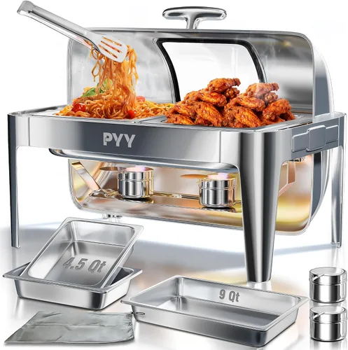 Vista 11 de Juego de buffet de platos de roce PYY con tapa enrollable, juego de 9 cuartos de galón de servidor de roce de acero inoxidable para catering, chafer