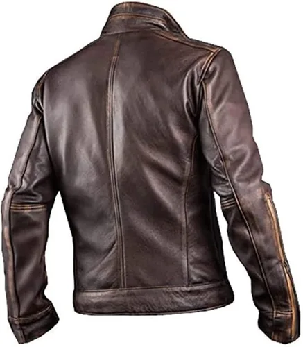 Vista 4 de Spazeup Cafe Racer Chaqueta Vintage Motocicleta Retro Moto Chaqueta de cuero envejecido Chaqueta de motocicleta desgastada para hombre