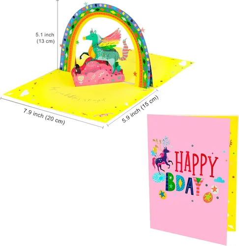 Vista 2 de WRAPAHOLIC Tarjeta de cumpleaños emergente en 3D, unicornio arcoíris, 5.9 x 7.9 pulgadas
