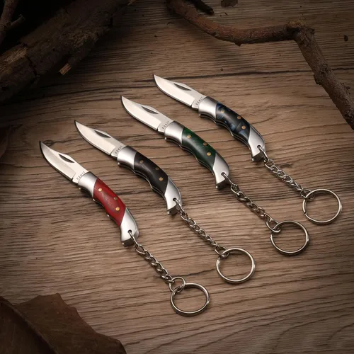 Vista 7 de Cuchillo de bolsillo pequeño, cuchillo EDC con mango de acero inoxidable y madera, pequeño cuchillo plegable, longitud de la hoja 1.5 pulgadas