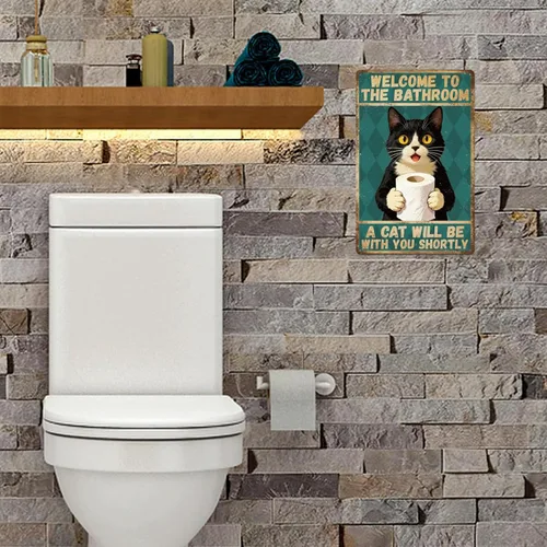 Vista 5 de GLOBLELAND Bathroom Black Cat Metal Tin Sign 8x12 inch "Welcome to the Bathroom" Funny Vintage Painting Tin Signs Wall Poster Plaque for Toilet Room