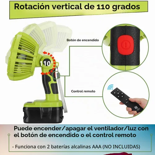 Vista 4 de 18V Cordless Fan Compatible with Ryobi 18V Battery, Battery Operated Fan for Camping with LED Light, Remote, 3 Wind/Brightness Modes, Timer for Tent