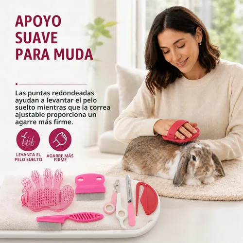 Vista 3 de Kit de aseo de conejo, cepillo de conejo de 7 piezas y cuidado de Rosado