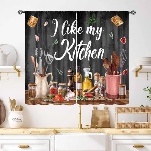 Vista 41 de Cortinas de cocina rústicas, color negro y blanco, tablón de madera con cuchillo y cuchara para barra, bolsillo para barra, tratamiento de ventana