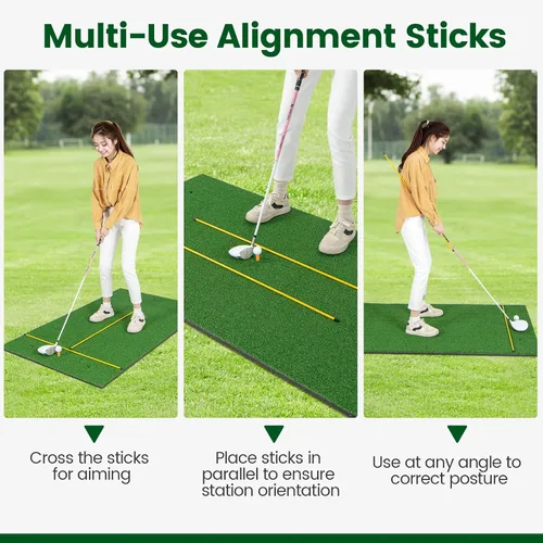 Vista 5 de Tangkula Tapete de golf para golpe, tapete de césped artificial para práctica de golf interior/exterior, incluye 2 camisetas de goma y 2 palos