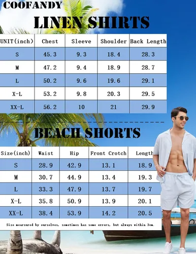 Vista 6 de COOFANDY Camisas de lino de manga corta con botones para hombre, conjunto corto hawaiano de playa de 2 piezas