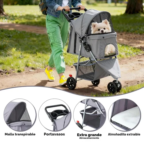 Vista 3 de DUMOS Cochecito para mascotas de 3 ruedas para perros y gatos pequeños – Cochecito plegable para perros con ventanas de malla, cesta